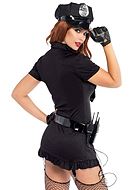 Female police officer, costume dress, ruffle trim, belt, buttons